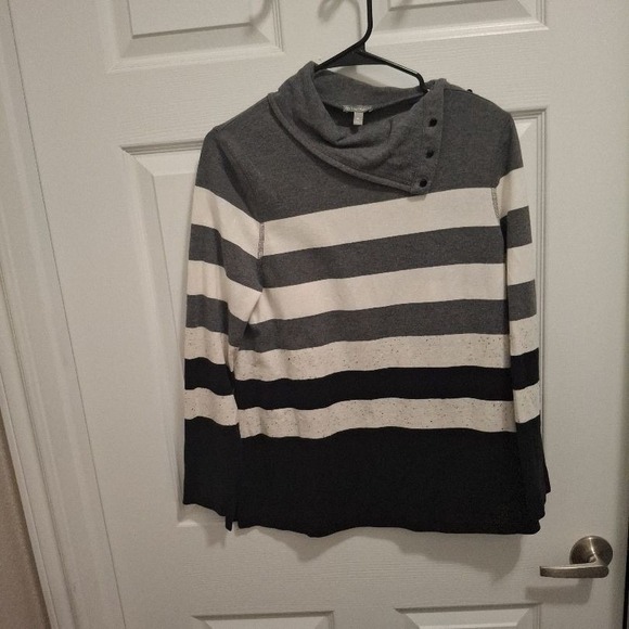 T By TALBOTS MP Grey White Striped Cowl Neck Button Cozy Casual Sweater - Picture 1 of 7
